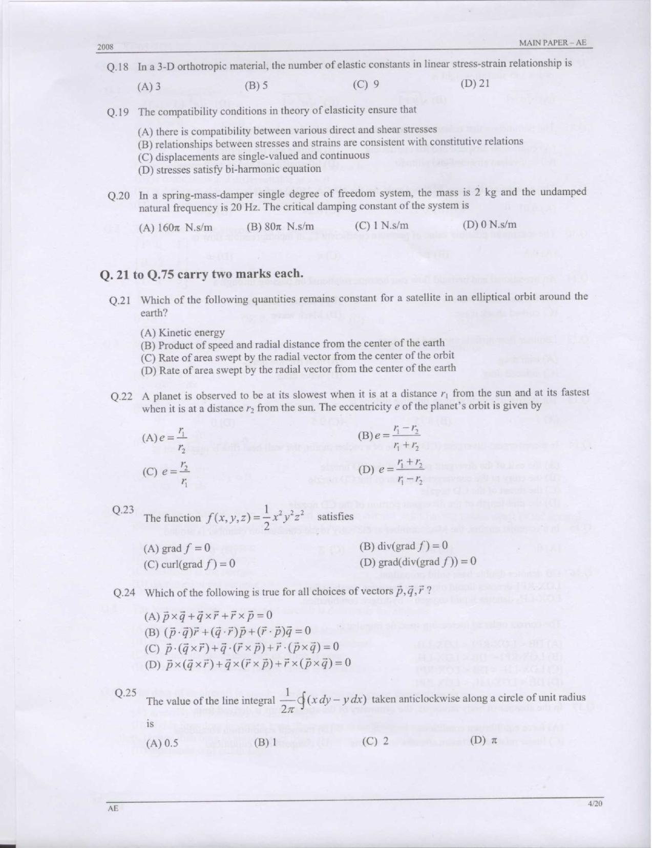 GATE 2008 Aerospace Engineering (AE) Question Paper with Answer Key - Page 4