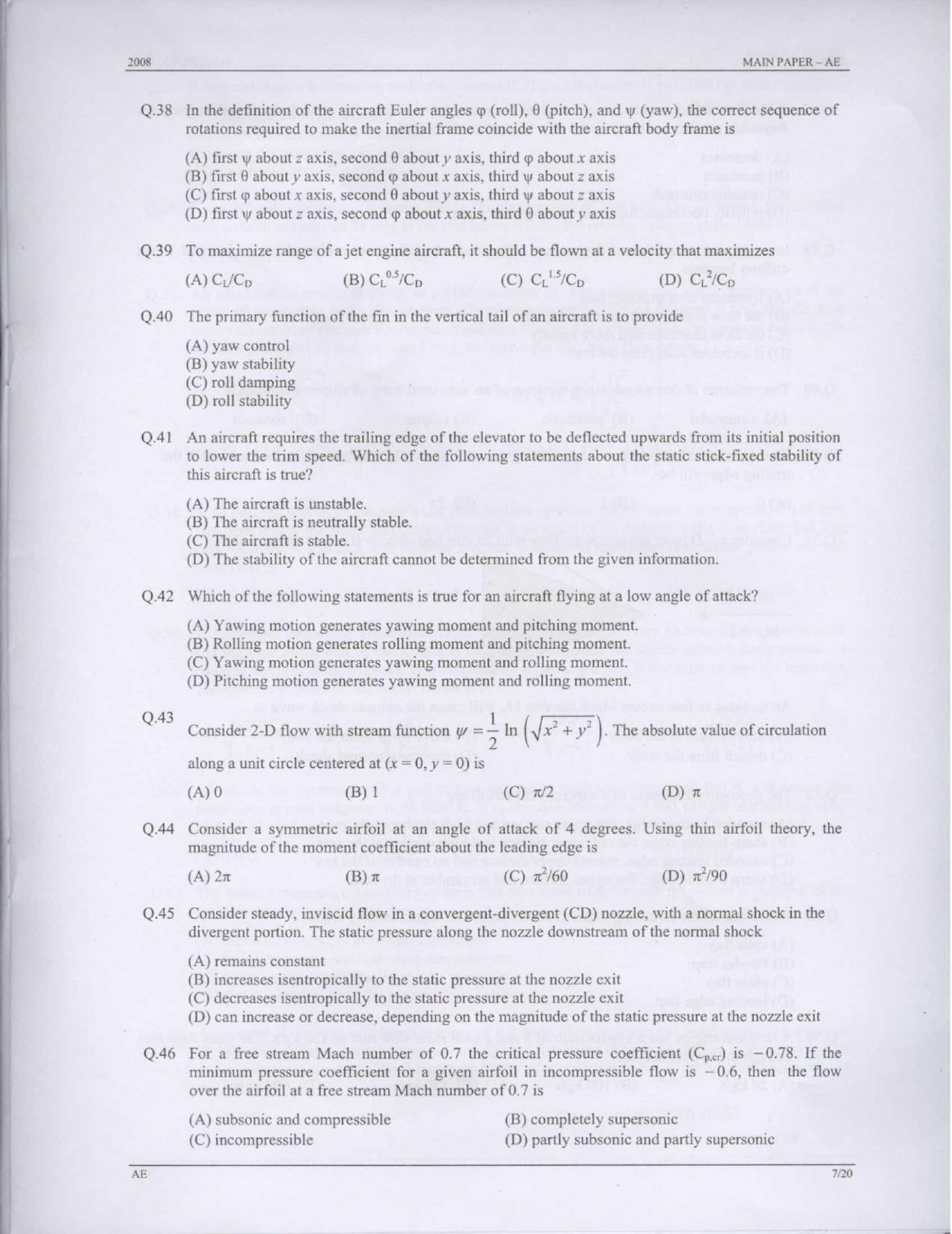 GATE 2008 Aerospace Engineering (AE) Question Paper with Answer Key - Page 7