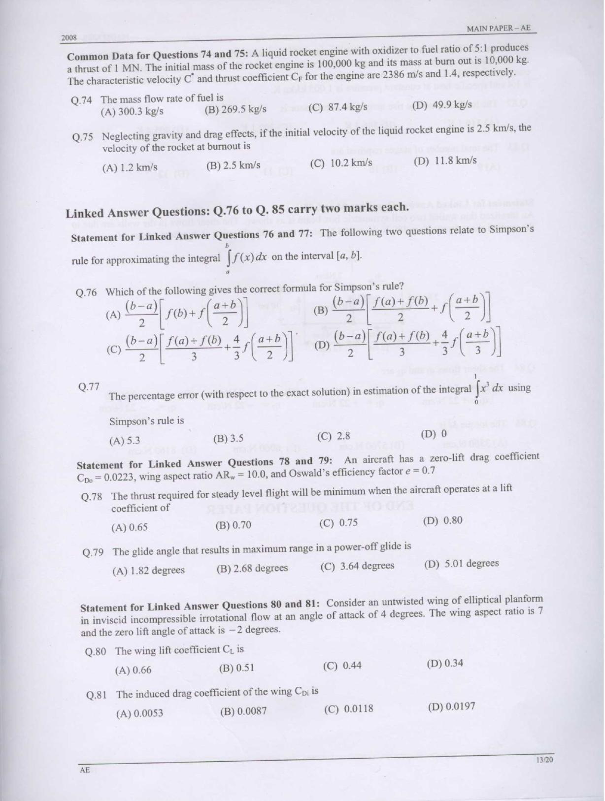 GATE 2008 Aerospace Engineering (AE) Question Paper with Answer Key - Page 13