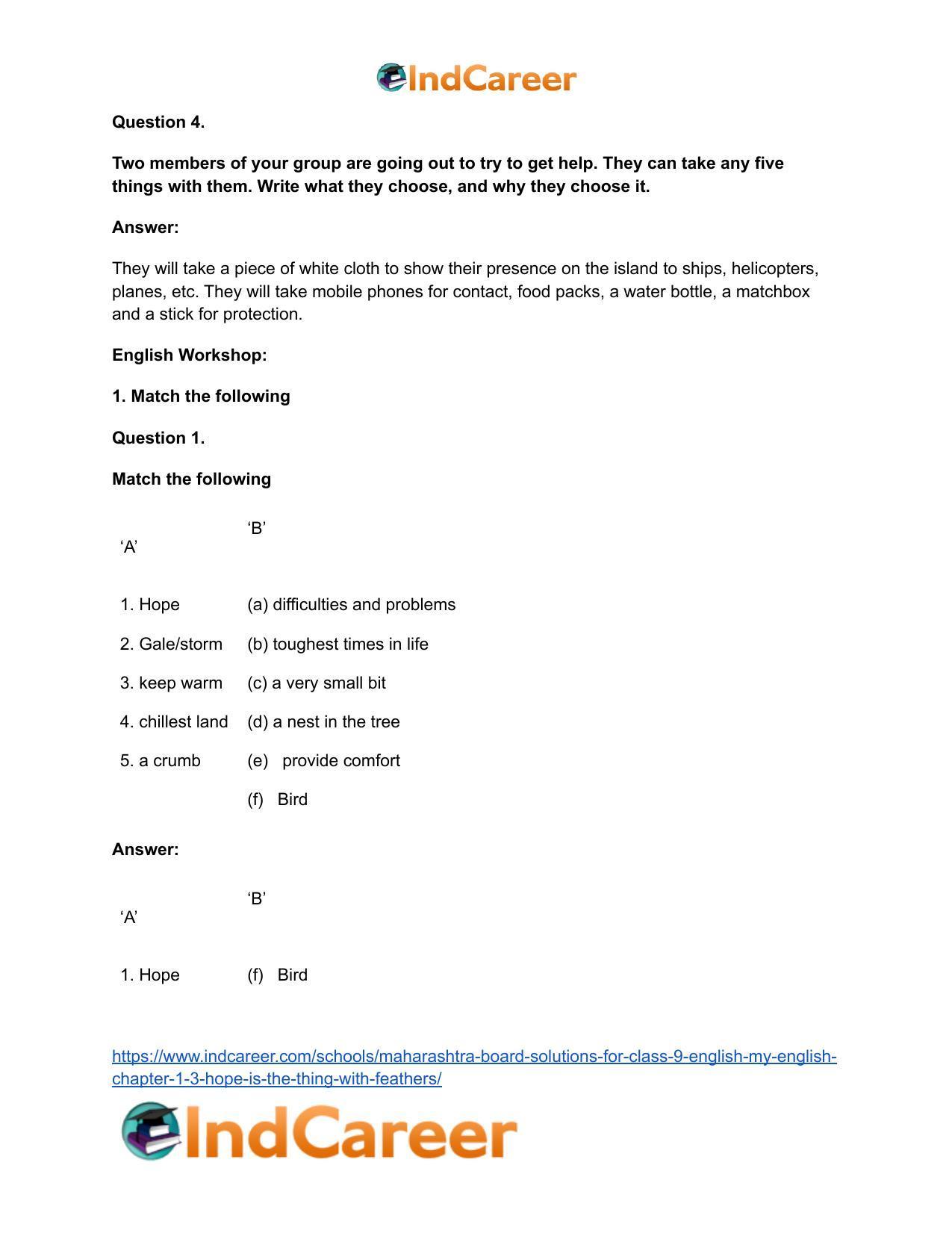 Maharashtra Board Solutions for Class 9- English (My English): Chapter 1.3- ‘Hope’ is the Thing with Feathers - Page 4