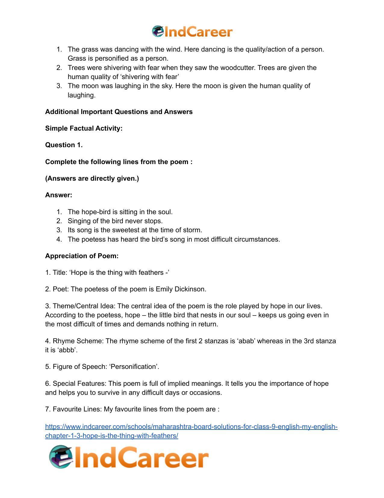 Maharashtra Board Solutions for Class 9- English (My English): Chapter 1.3- ‘Hope’ is the Thing with Feathers - Page 9