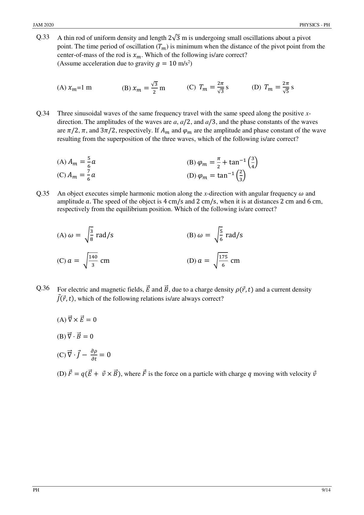 JAM 2020: PH Question Paper - Page 9