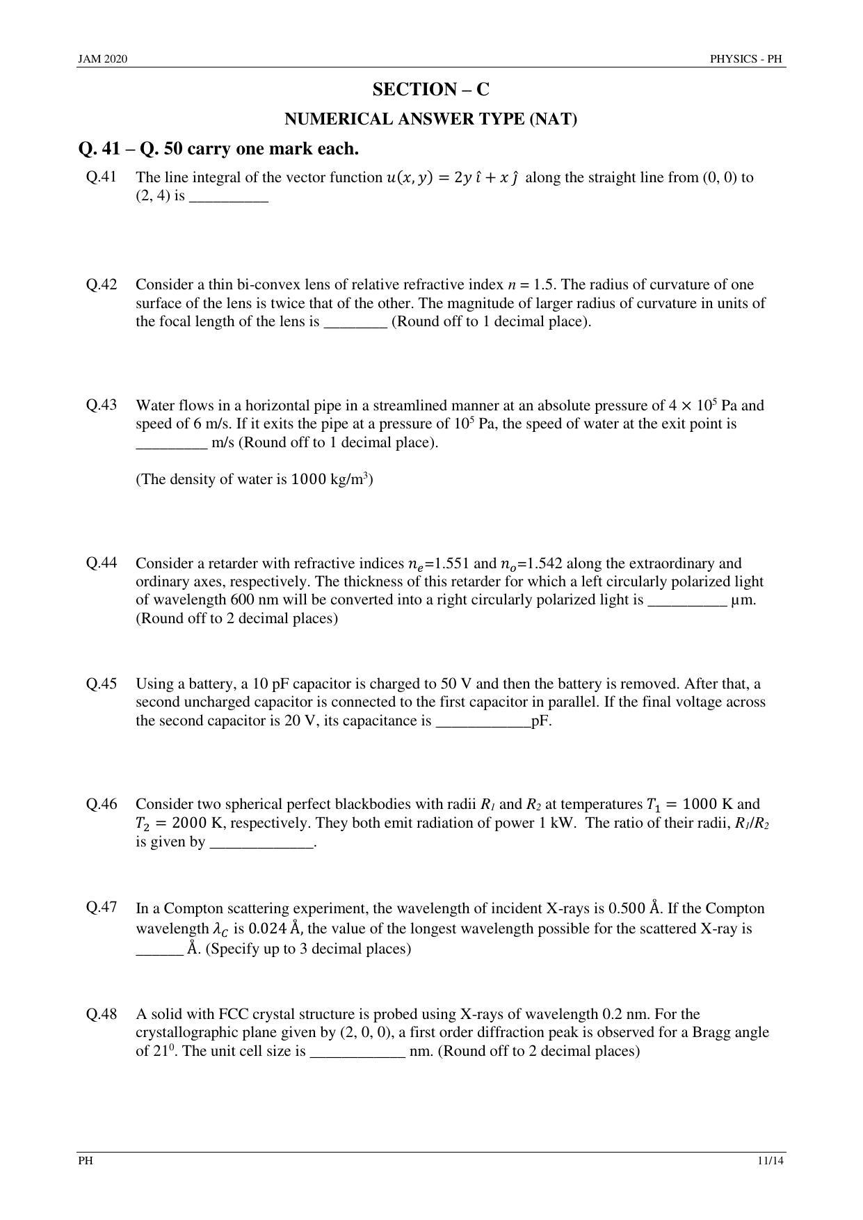 JAM 2020: PH Question Paper - Page 11