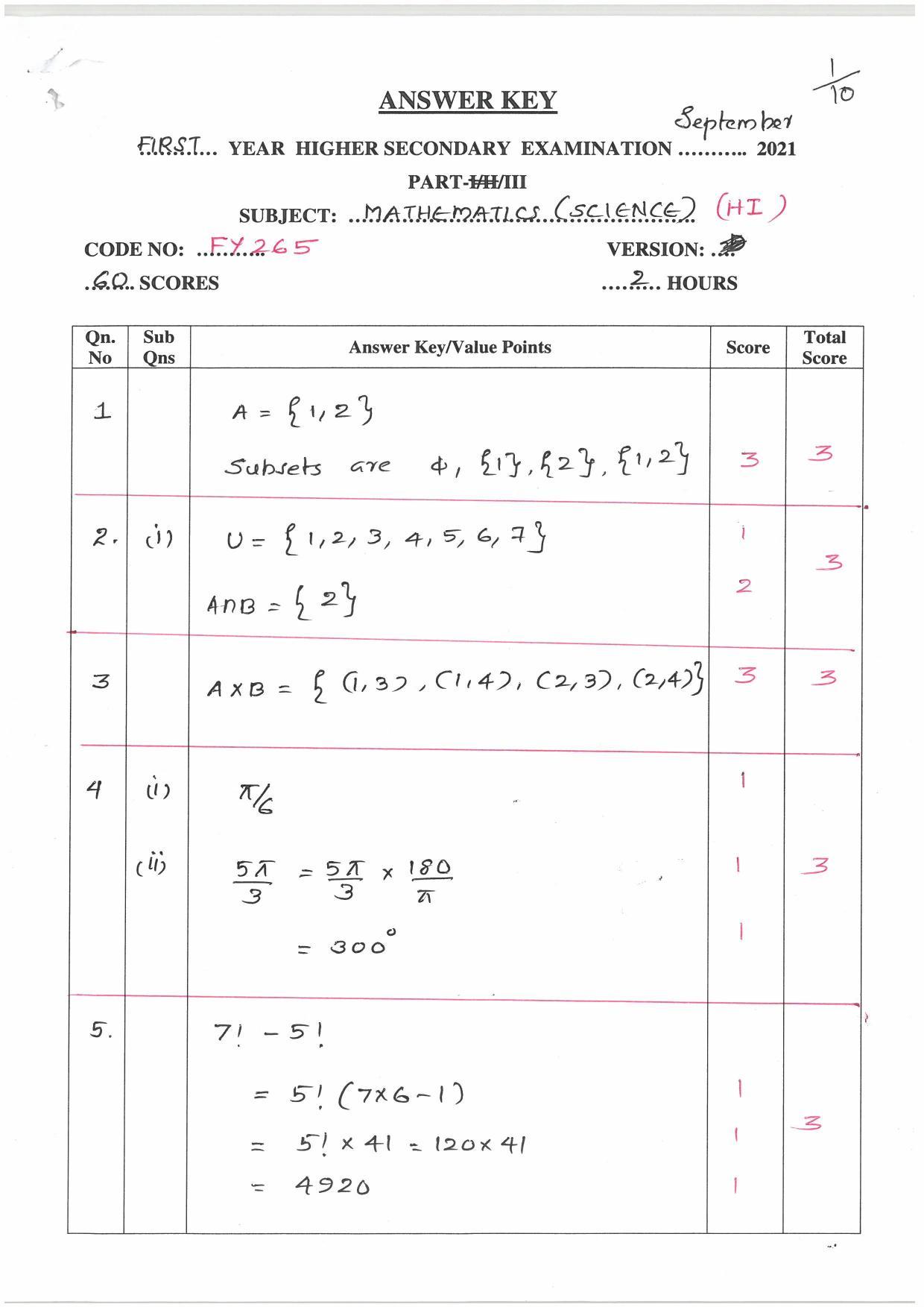 Kerala Plus One (Class 11th) Mathematics-Science-Hearing Answer Key 2021 - Page 1