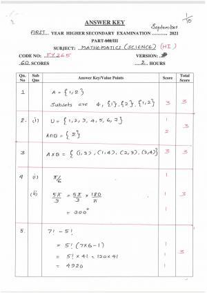 Kerala Plus One (Class 11th) Mathematics-Science-Hearing Answer Key 2021