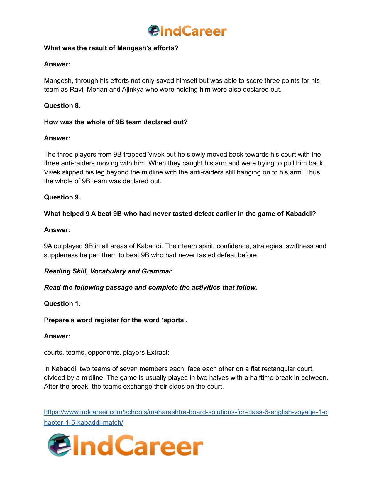 Maharashtra Board Solutions for Class 6- English (Voyage 1): Chapter 1.5- Kabaddi Match - Page 14