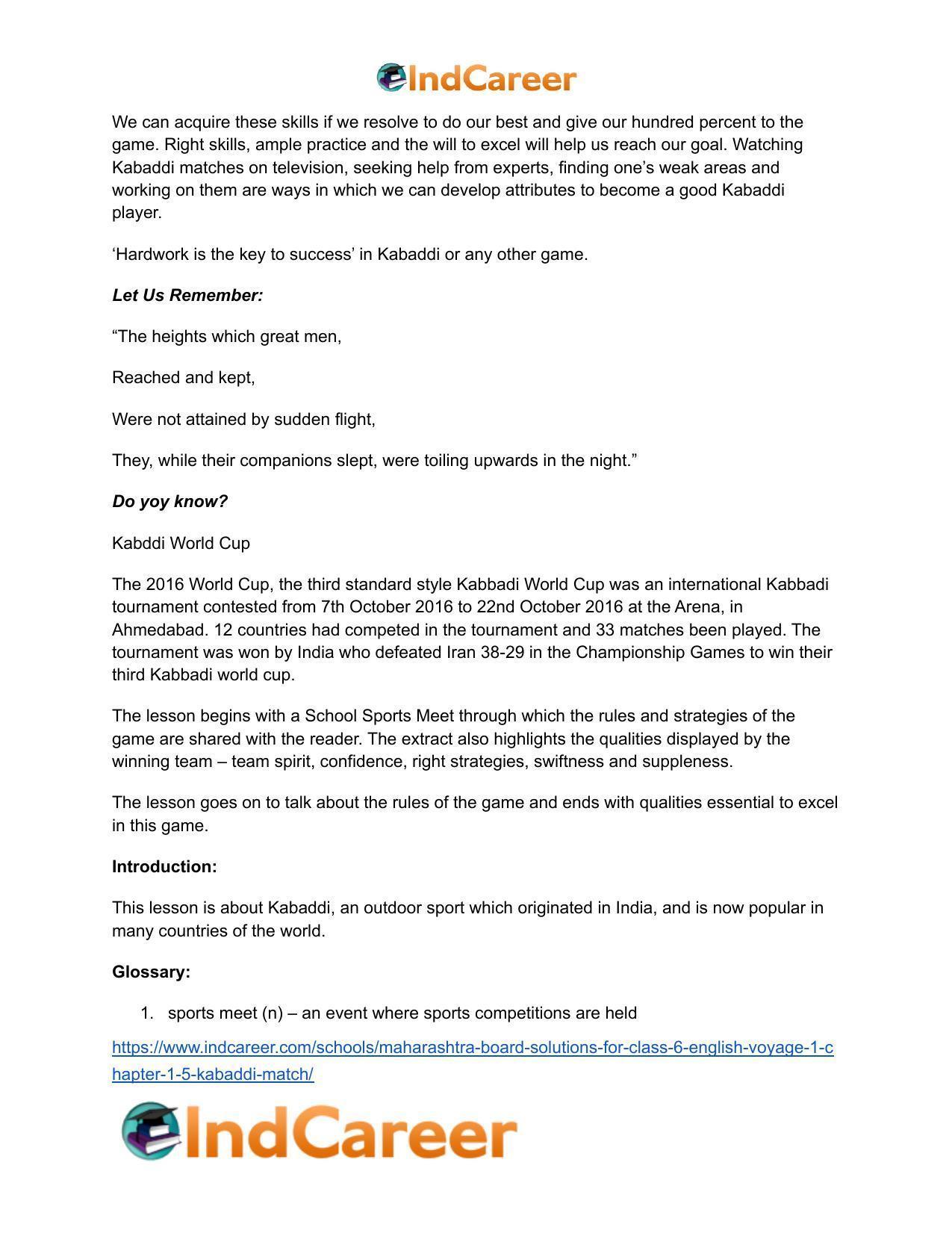 Maharashtra Board Solutions for Class 6- English (Voyage 1): Chapter 1.5- Kabaddi Match - Page 22