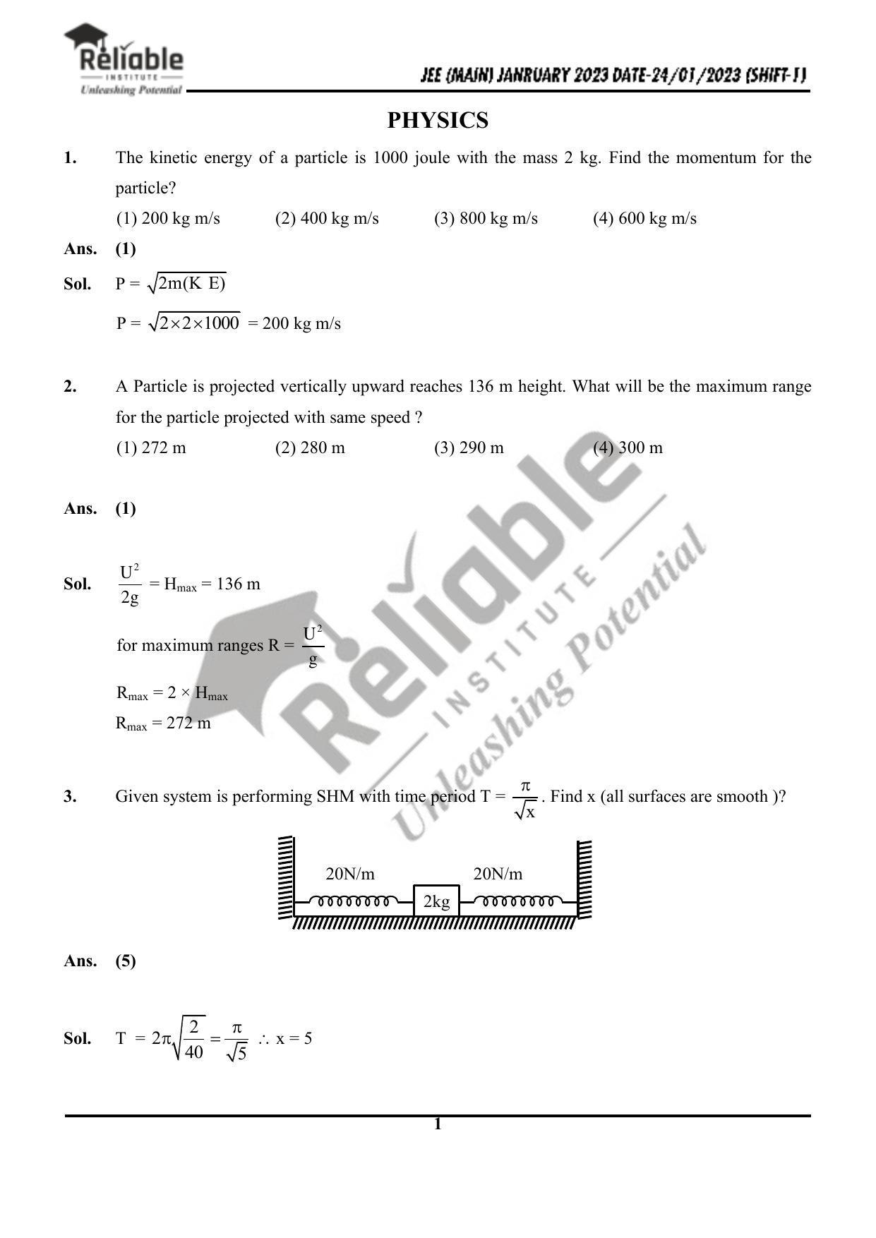 JEE Main 2023 January 24 Shift 1 Physics Paper with Solution (Reliable Institute Kota) - Page 2