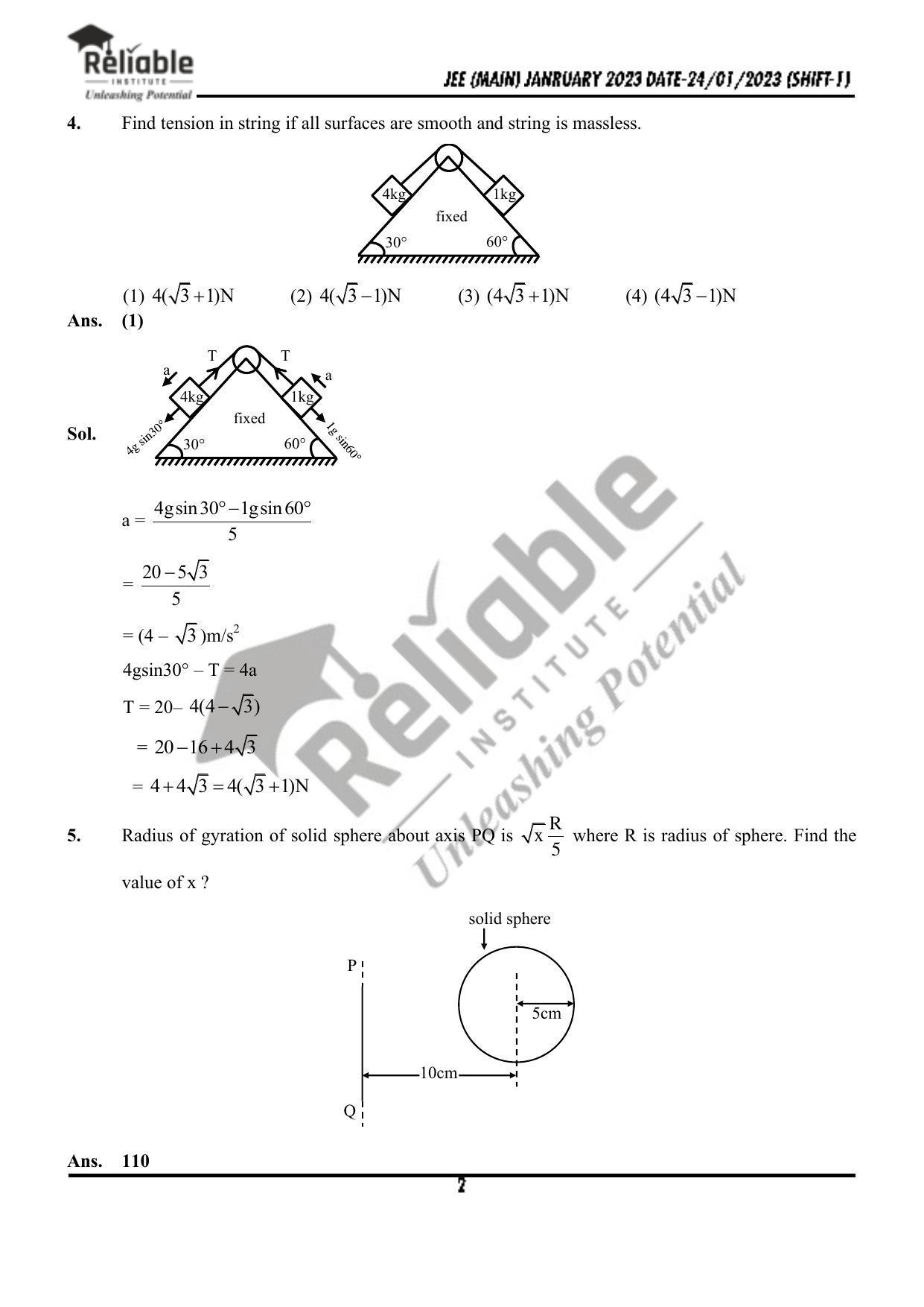 JEE Main 2023 January 24 Shift 1 Physics Paper with Solution (Reliable Institute Kota) - Page 3
