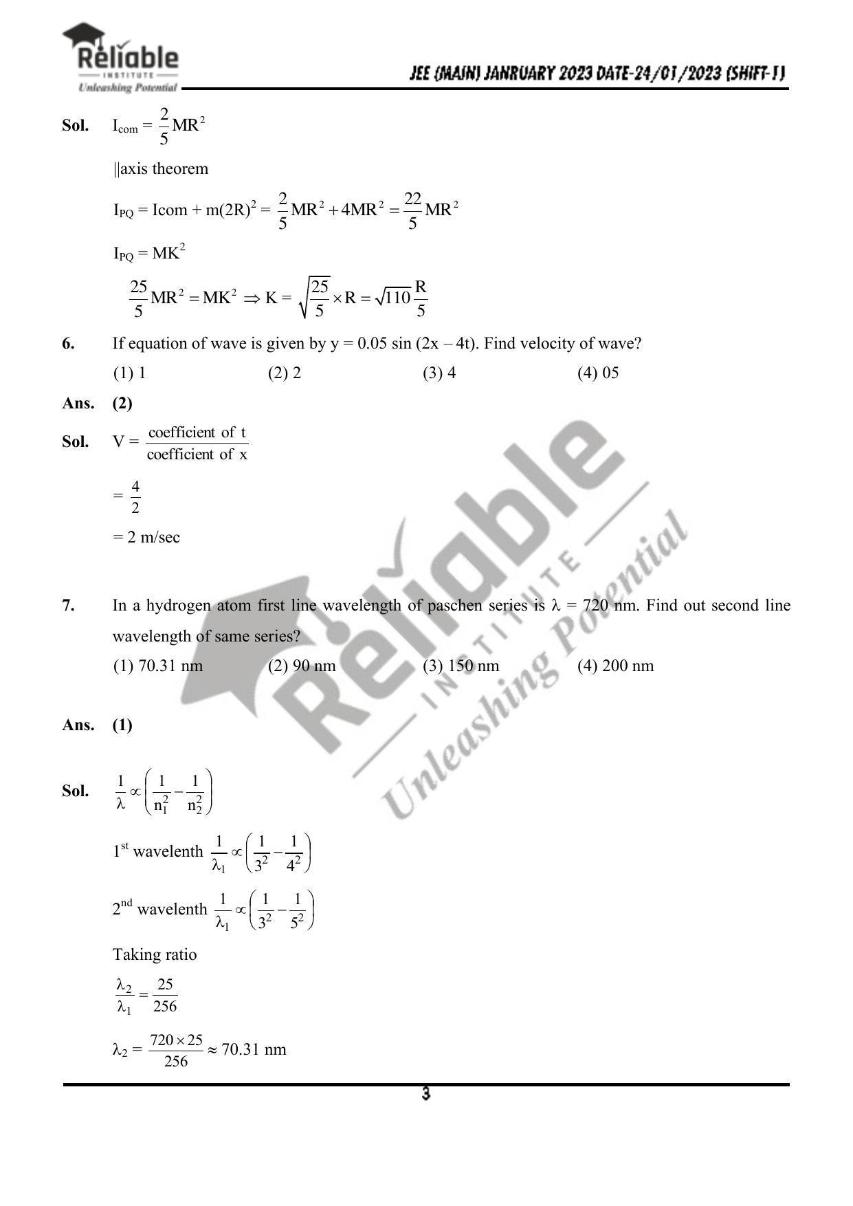 JEE Main 2023 January 24 Shift 1 Physics Paper with Solution (Reliable Institute Kota) - Page 4