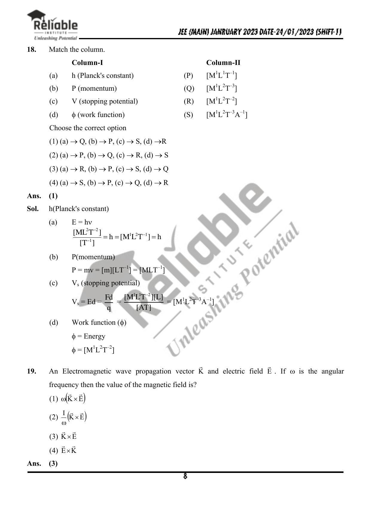 JEE Main 2023 January 24 Shift 1 Physics Paper with Solution (Reliable Institute Kota) - Page 9