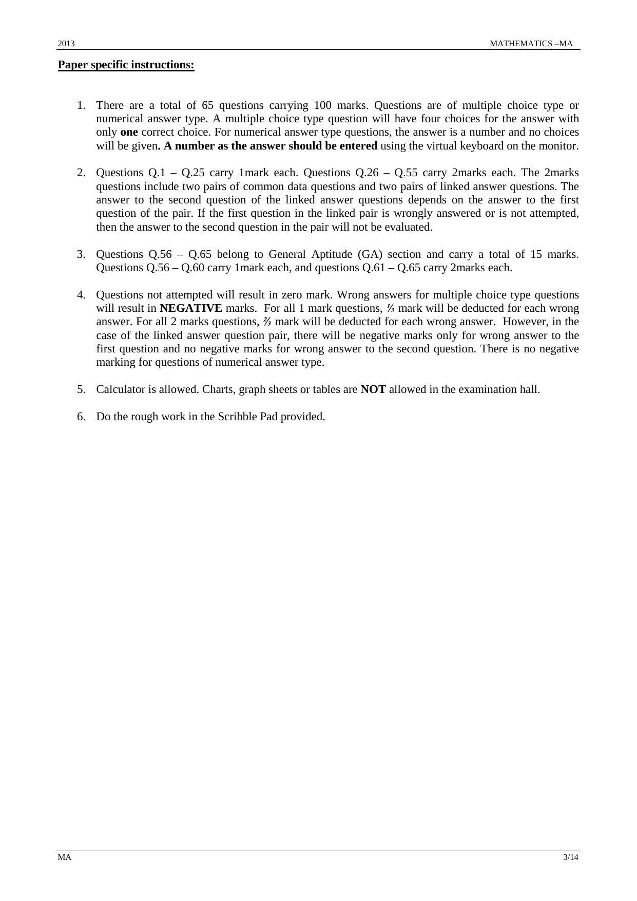 GATE 2013 Mathematics (MA) Question Paper with Answer Key - Page 3