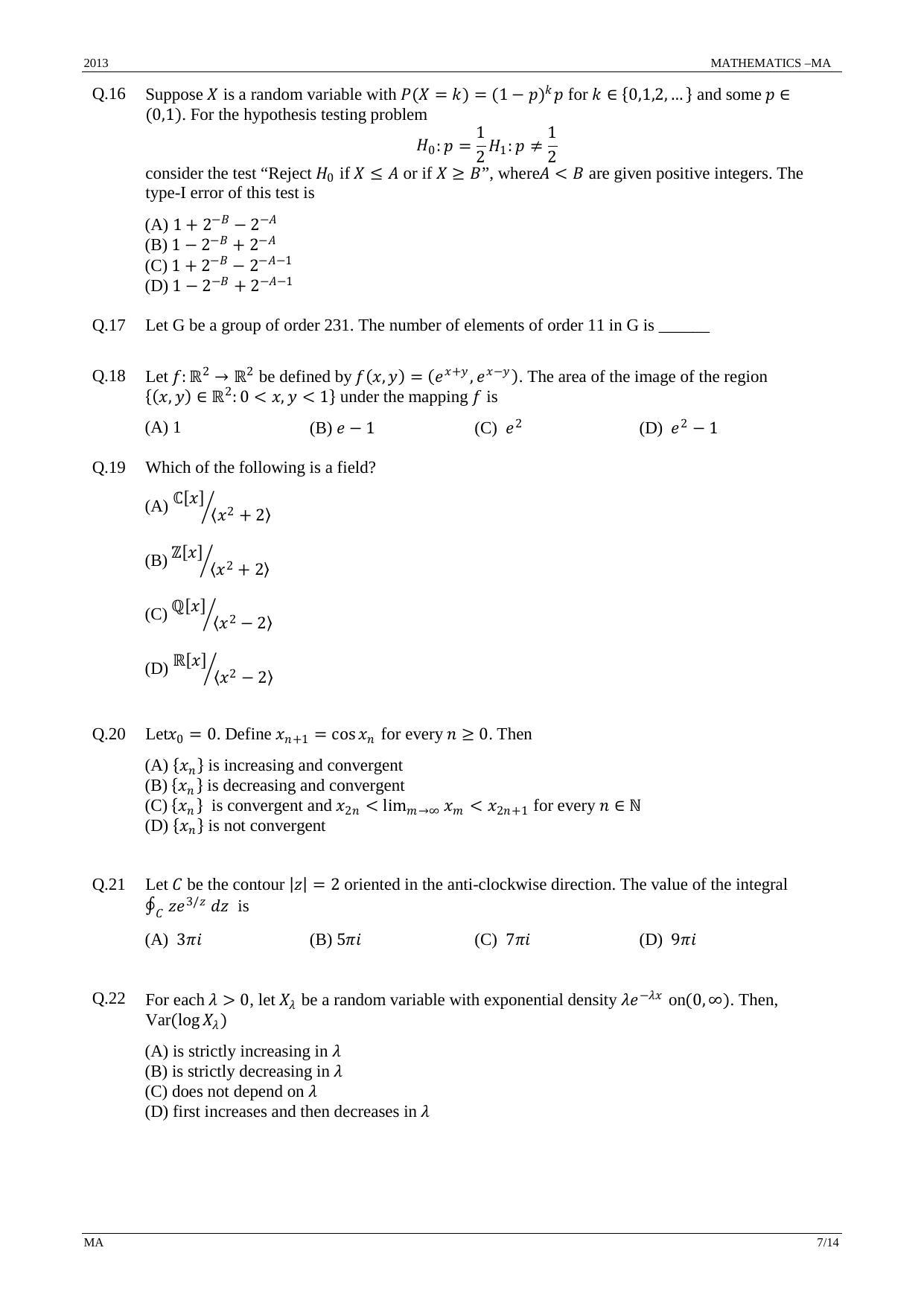 GATE 2013 Mathematics (MA) Question Paper with Answer Key - Page 7