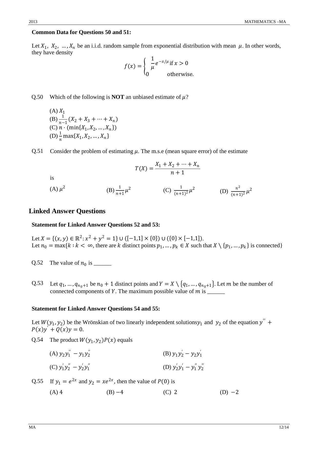 GATE 2013 Mathematics (MA) Question Paper with Answer Key - Page 12
