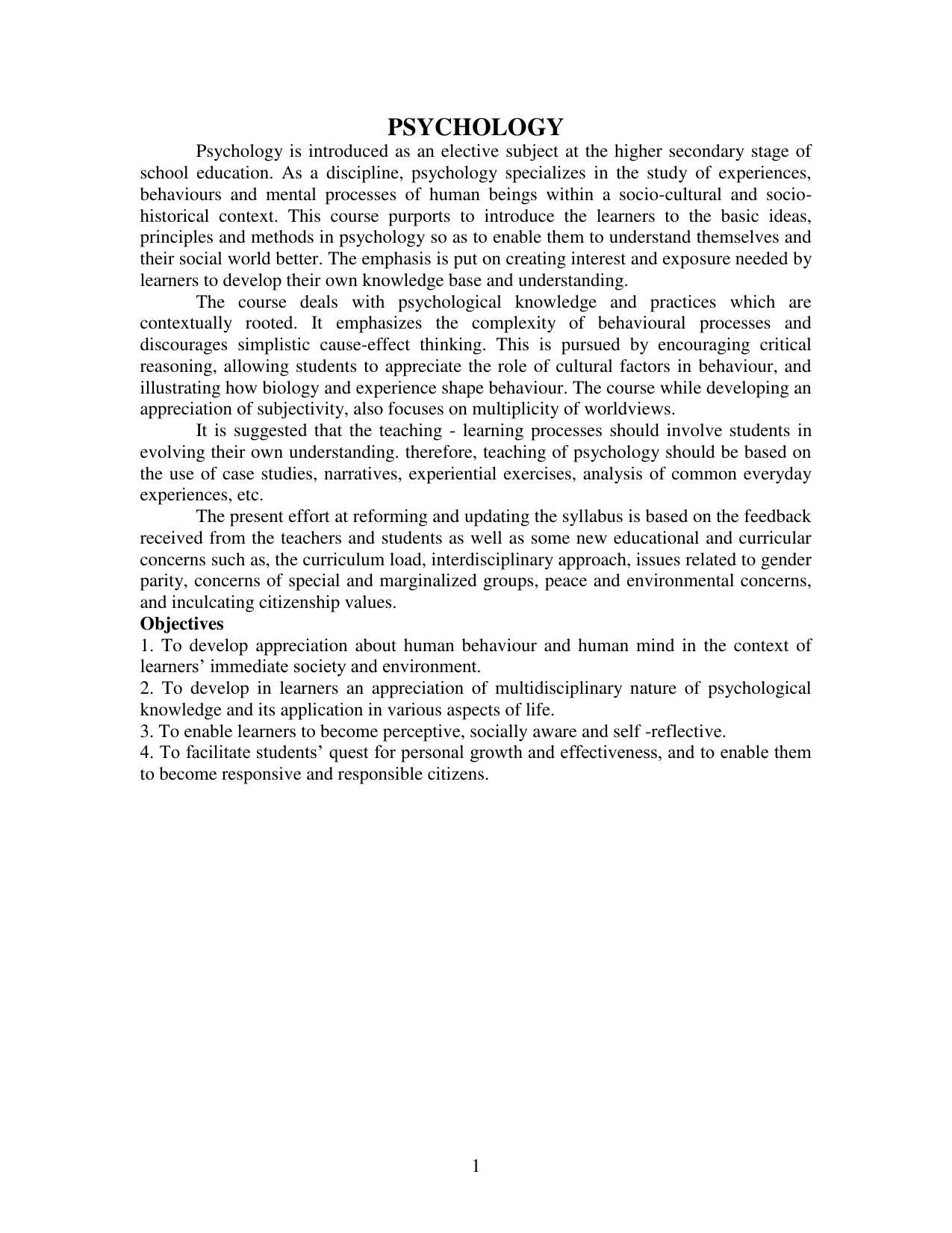 Meghalaya Board Psychology Syllabus for Class XI & XII  - Page 1
