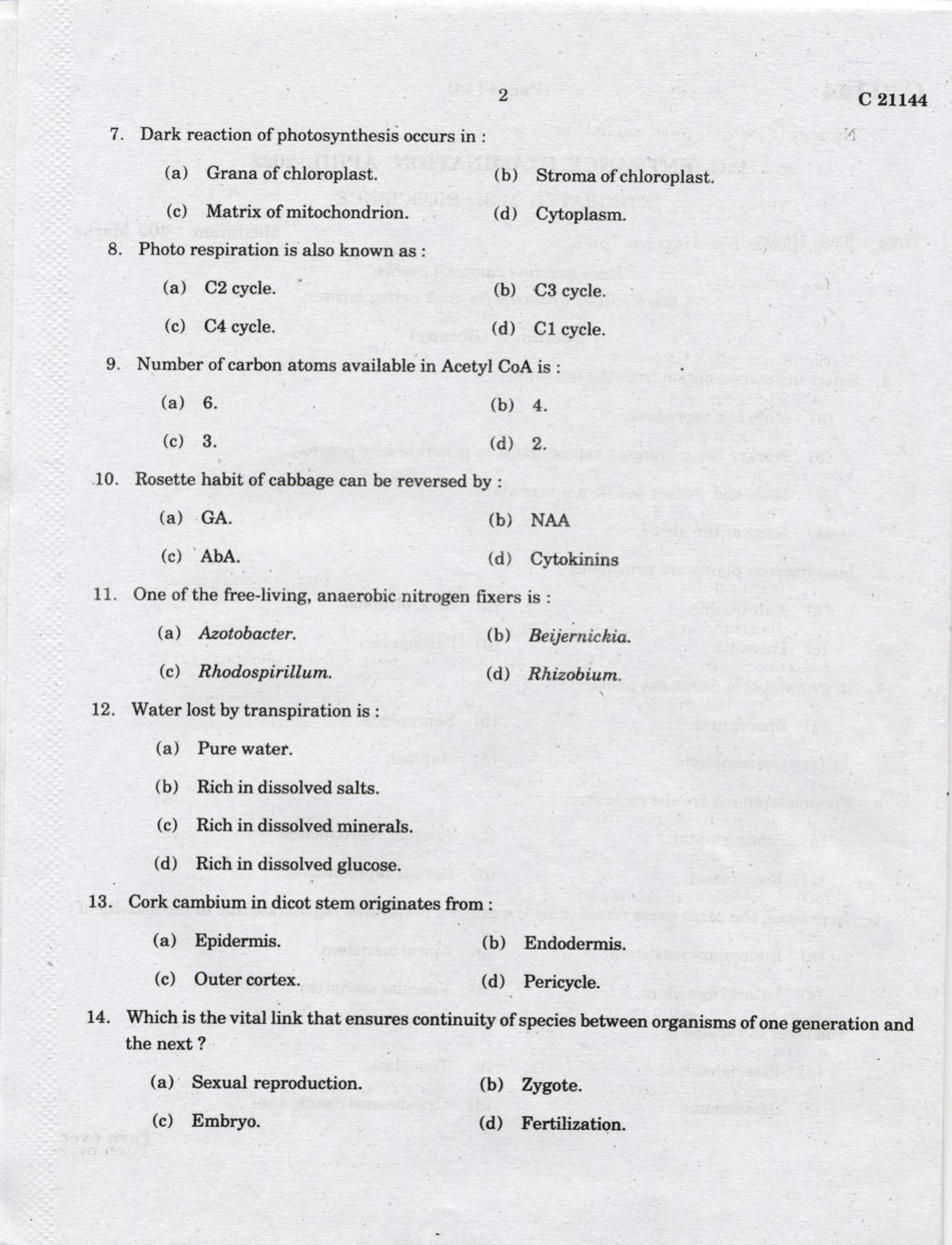 CUCAT 2022 Integrated M.Sc.Bioscience Question Paper - Page 2