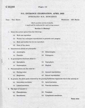 CUCAT 2022 Integrated M.Sc.Bioscience Question Paper
