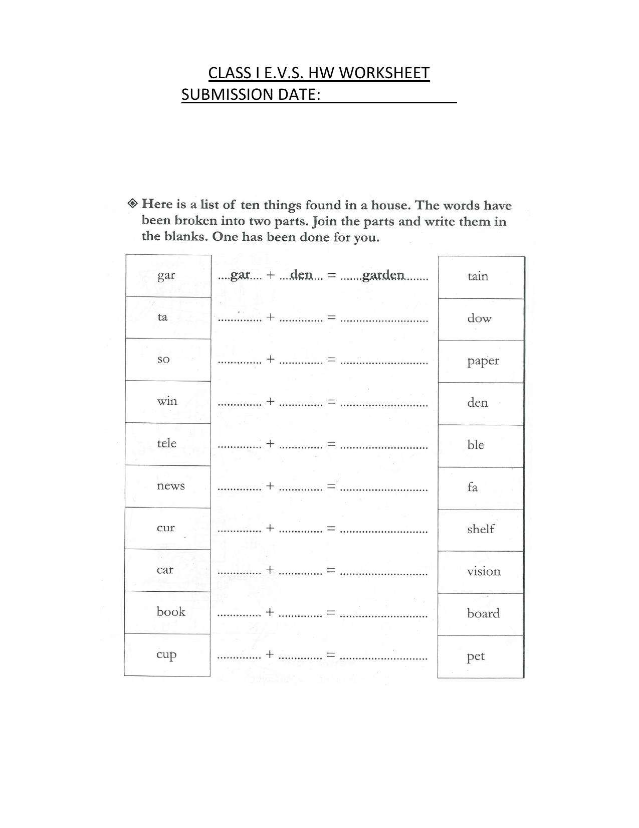 Worksheet for Class 1 EVS Things in House Assignment - Page 1