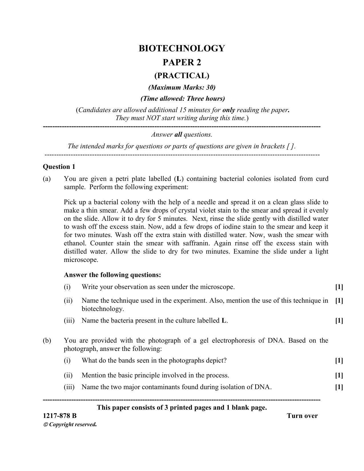 ISC Class 12 2017 BIOTECHNOLOGY PAPER 2 (PRACTICAL) Question Paper - Page 1