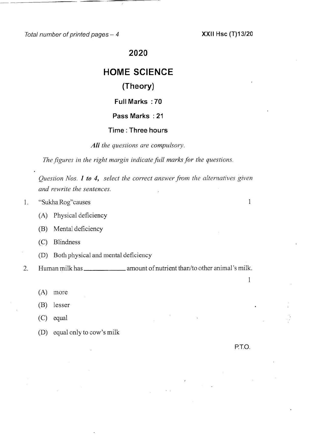 COHSEM Class 12 Home Science Question Papers 2020 - Page 1