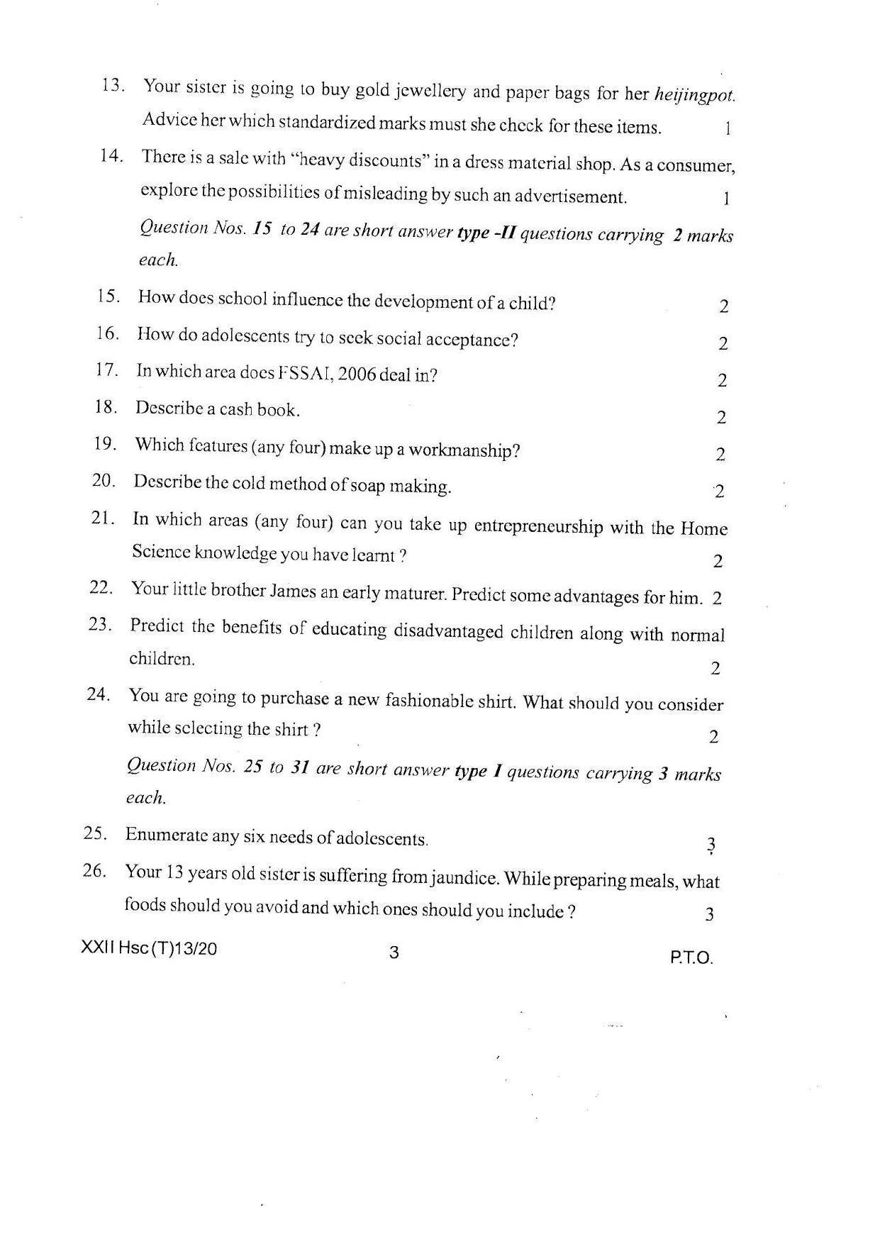COHSEM Class 12 Home Science Question Papers 2020 - Page 3