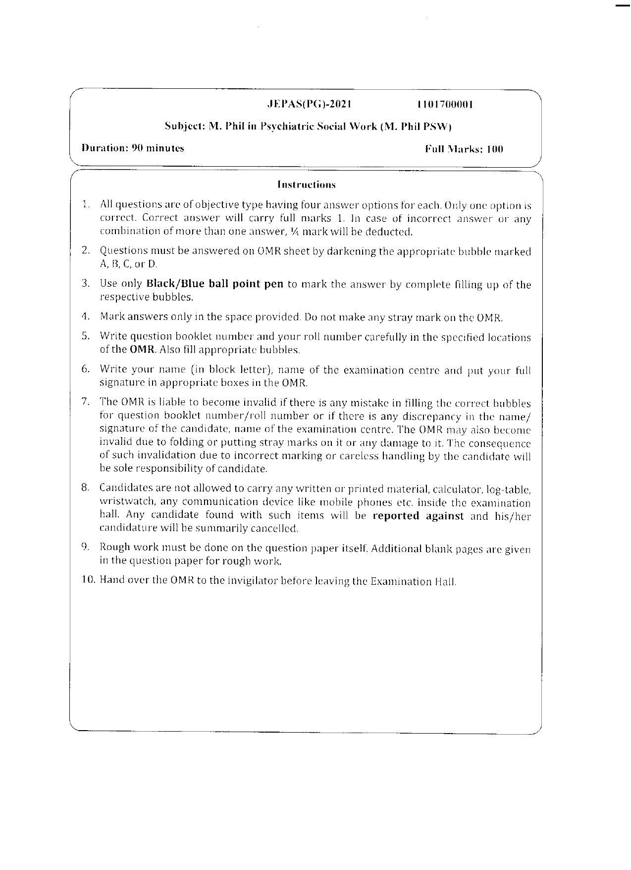 WBJEEB JEMAS (PG) 2021 MPhil PSW Question Paper - Page 1