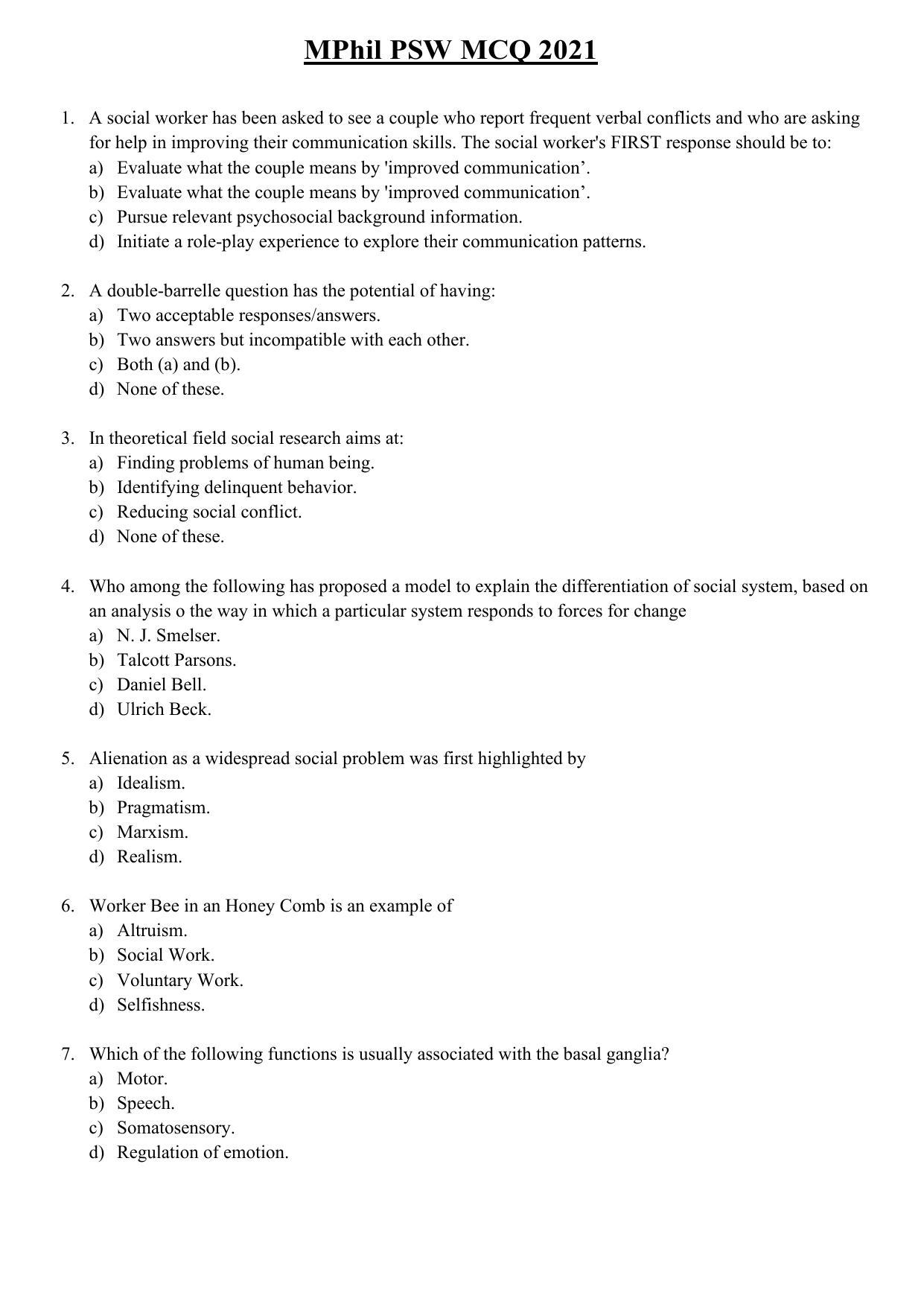 WBJEEB JEMAS (PG) 2021 MPhil PSW Question Paper - Page 2