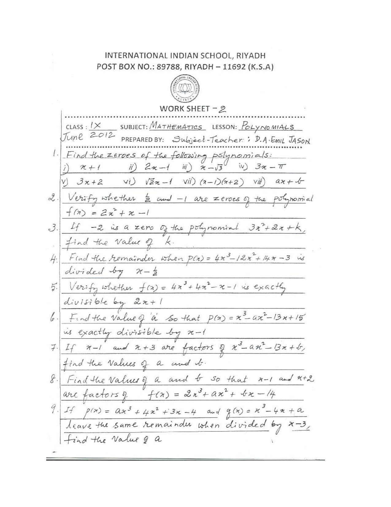 CBSE Worksheets for Class 9 Mathematics Polynomials Assignment 6 - Page 1