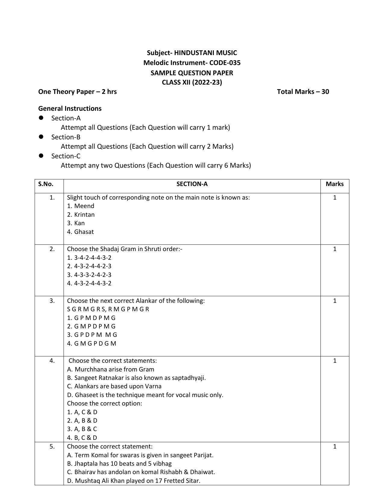 CBSE Class 12 Hindustani Music (Melodic) Sample Paper 2023 - Page 1