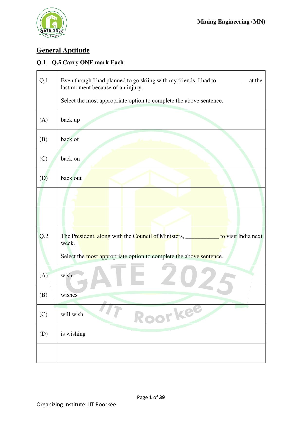 GATE 2025 Mining Engineering (MN) Question Paper - Page 1