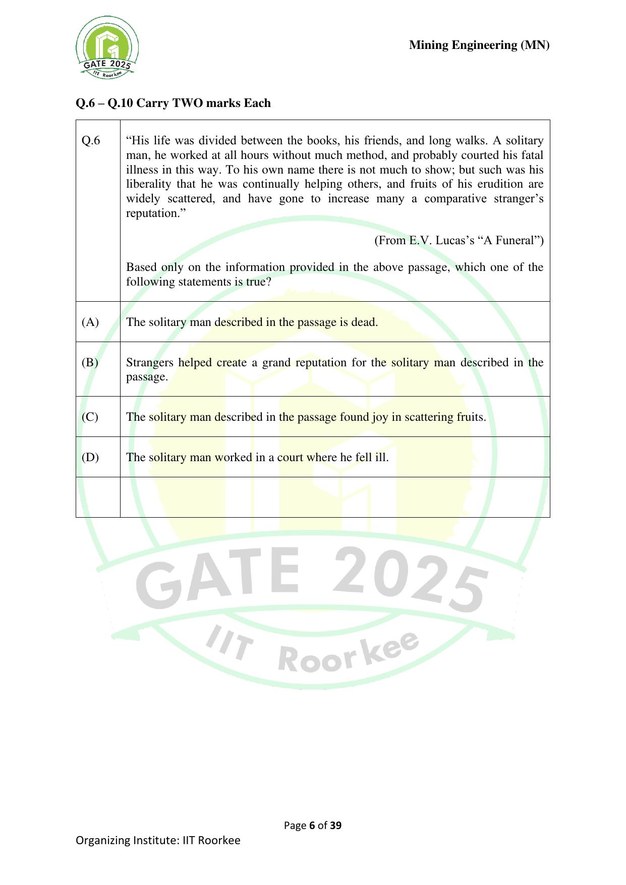 GATE 2025 Mining Engineering (MN) Question Paper - Page 6