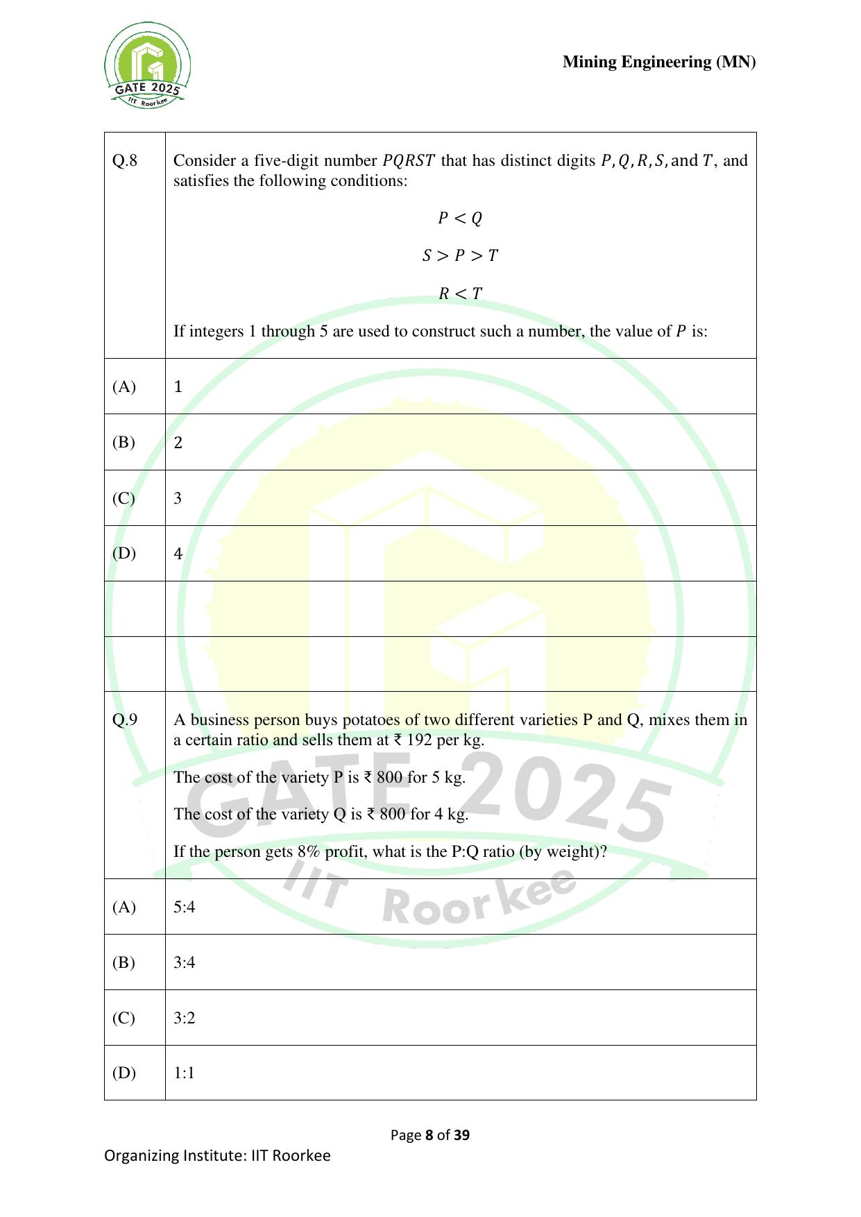GATE 2025 Mining Engineering (MN) Question Paper - Page 8
