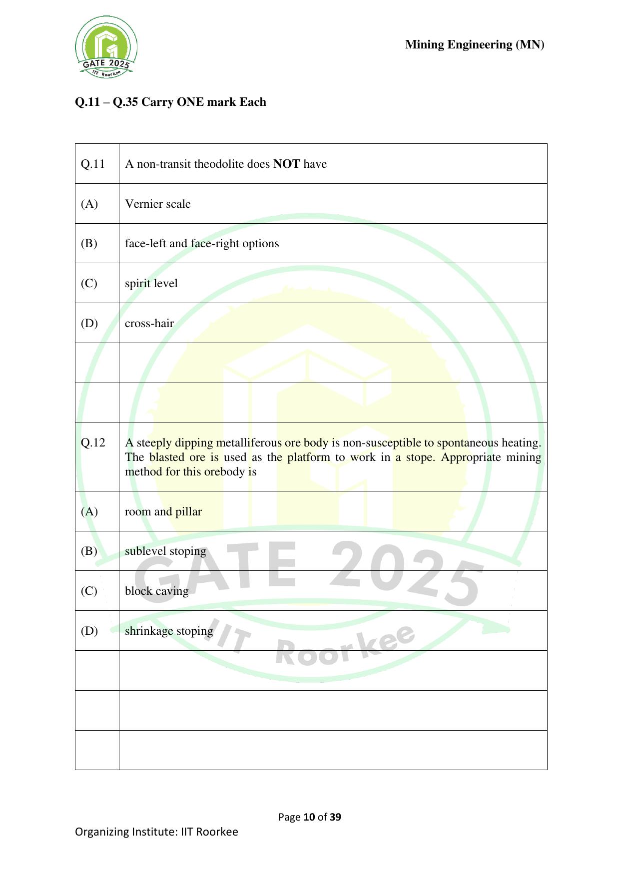 GATE 2025 Mining Engineering (MN) Question Paper - Page 10