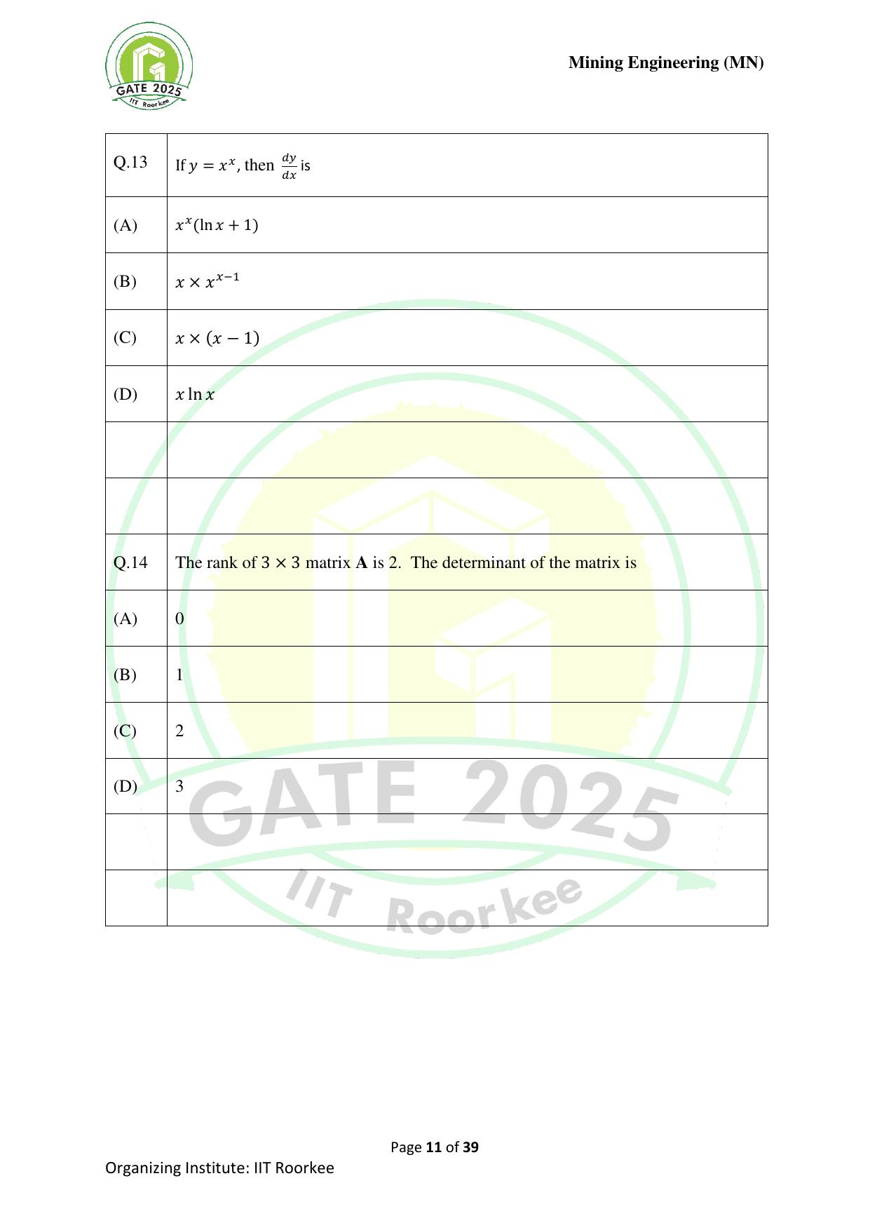 GATE 2025 Mining Engineering (MN) Question Paper - Page 11