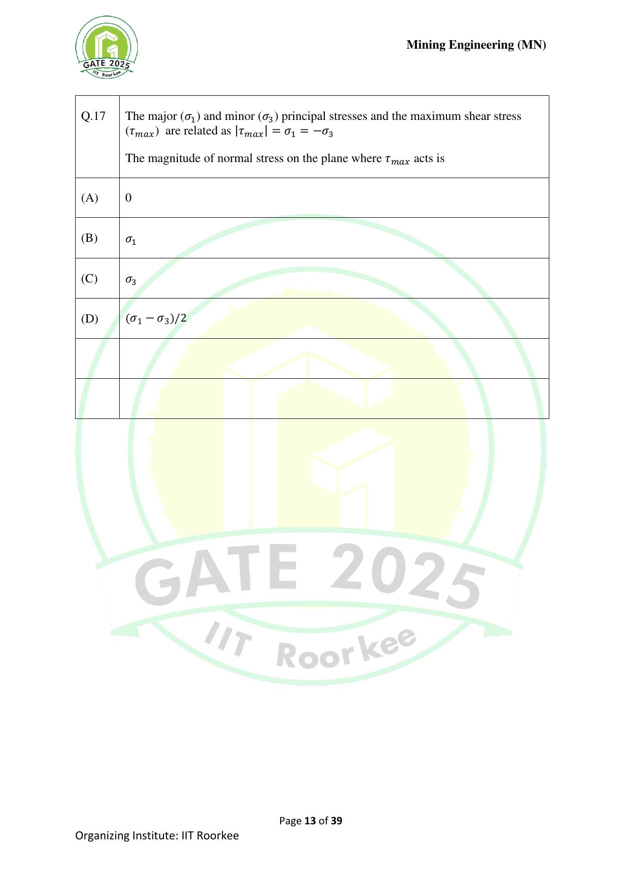 GATE 2025 Mining Engineering (MN) Question Paper - Page 13