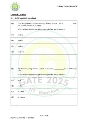 GATE 2025 Mining Engineering (MN) Question Paper