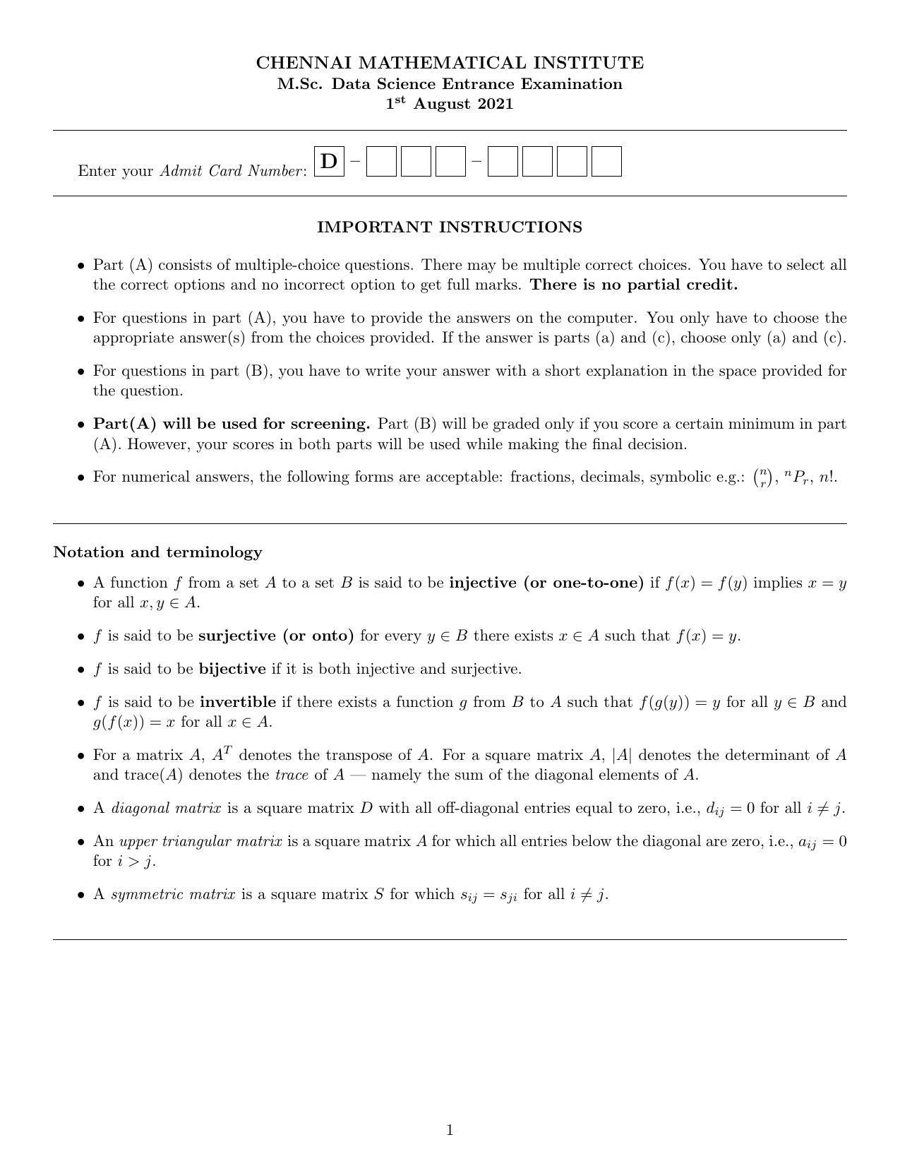 CMI Entrance Exam 2021 Question Paper MSc Data Science - Page 1