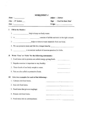 Worksheet for Class 4 Science Food Our Basic Need Assignment