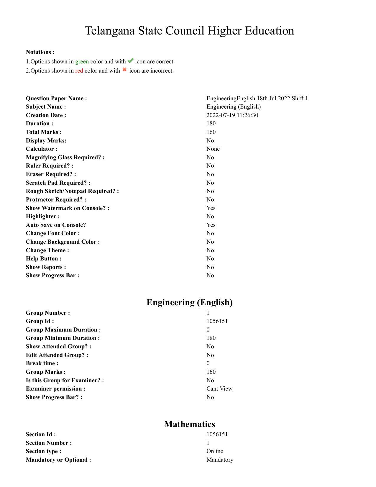 TS EAMCET 2022 Engineering  Question Paper with Key (18 July 2022 Forenoon (English )) - Page 1