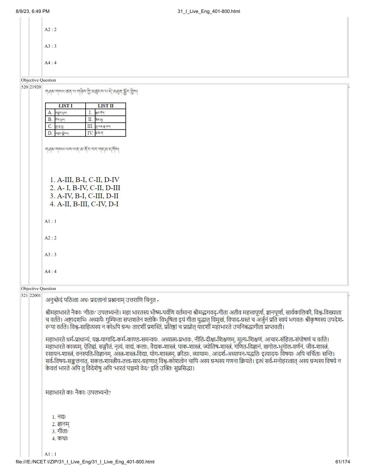 NCET 2023 Question Paper (English Q 401-800) - Page 61