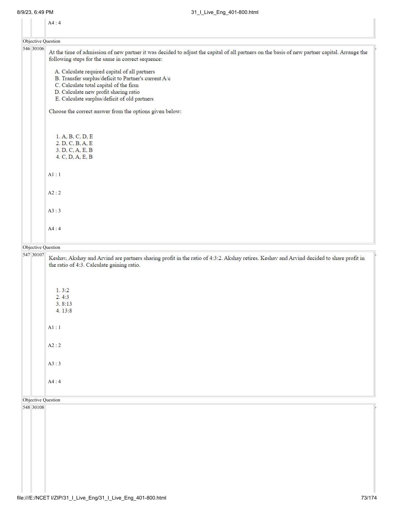 NCET 2023 Question Paper (English Q 401-800) - Page 73