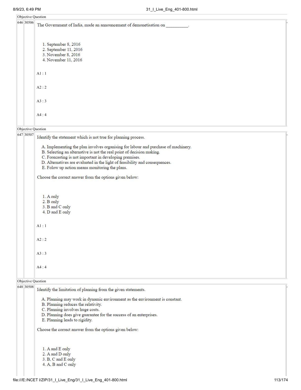 NCET 2023 Question Paper (English Q 401-800) - Page 113