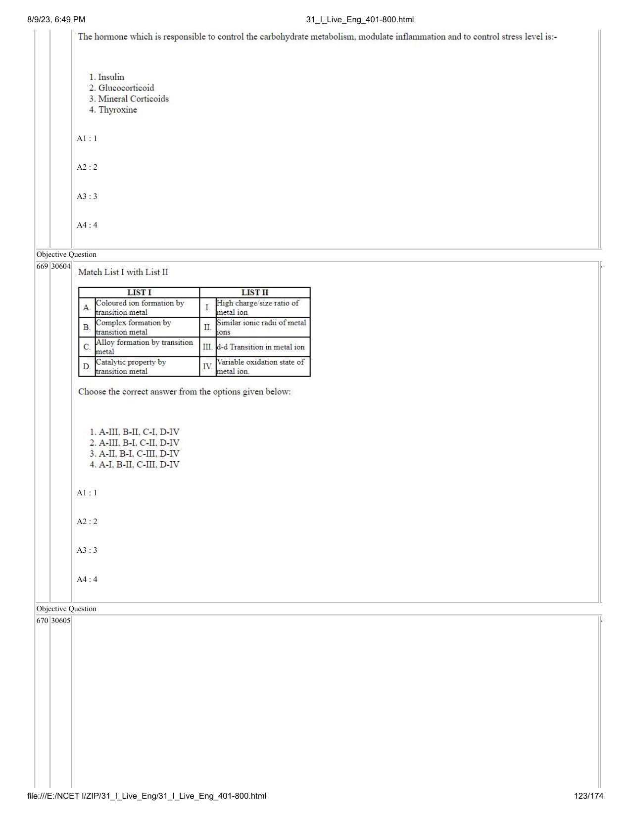 NCET 2023 Question Paper (English Q 401-800) - Page 123