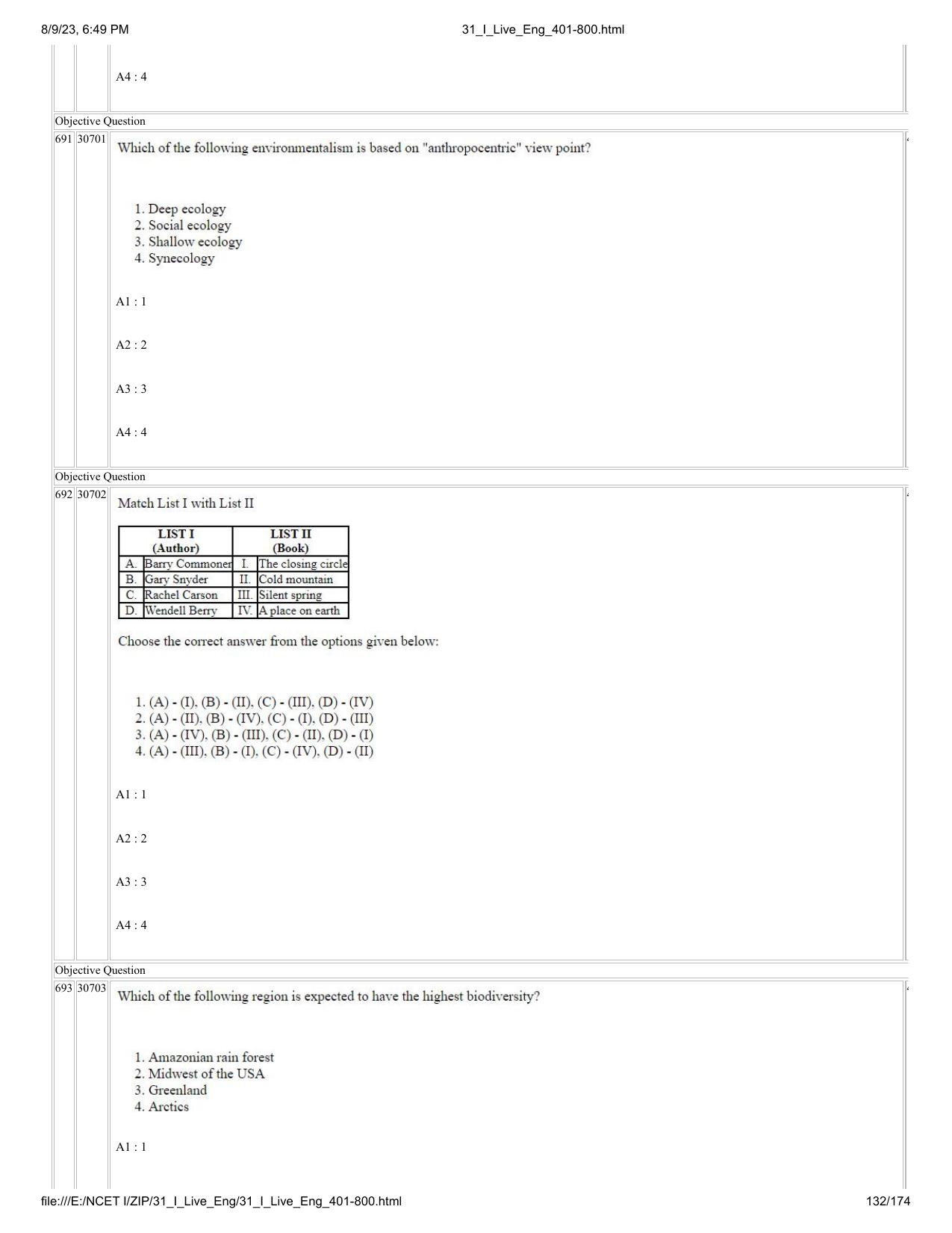 NCET 2023 Question Paper (English Q 401-800) - Page 132