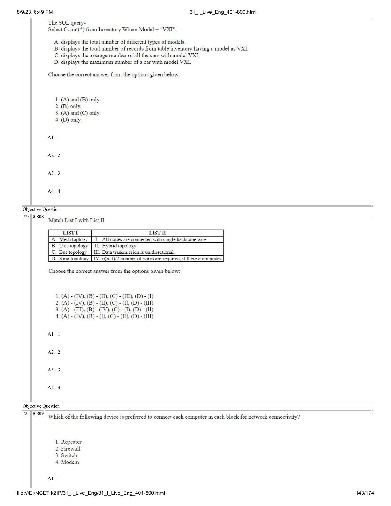 NCET 2023 Question Paper (English Q 401-800) - Page 143