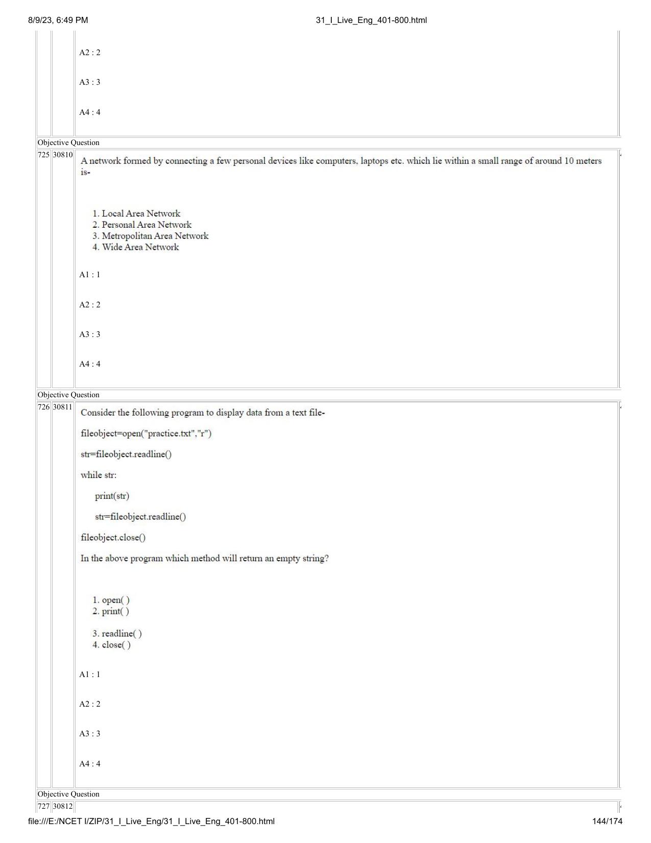 NCET 2023 Question Paper (English Q 401-800) - Page 144