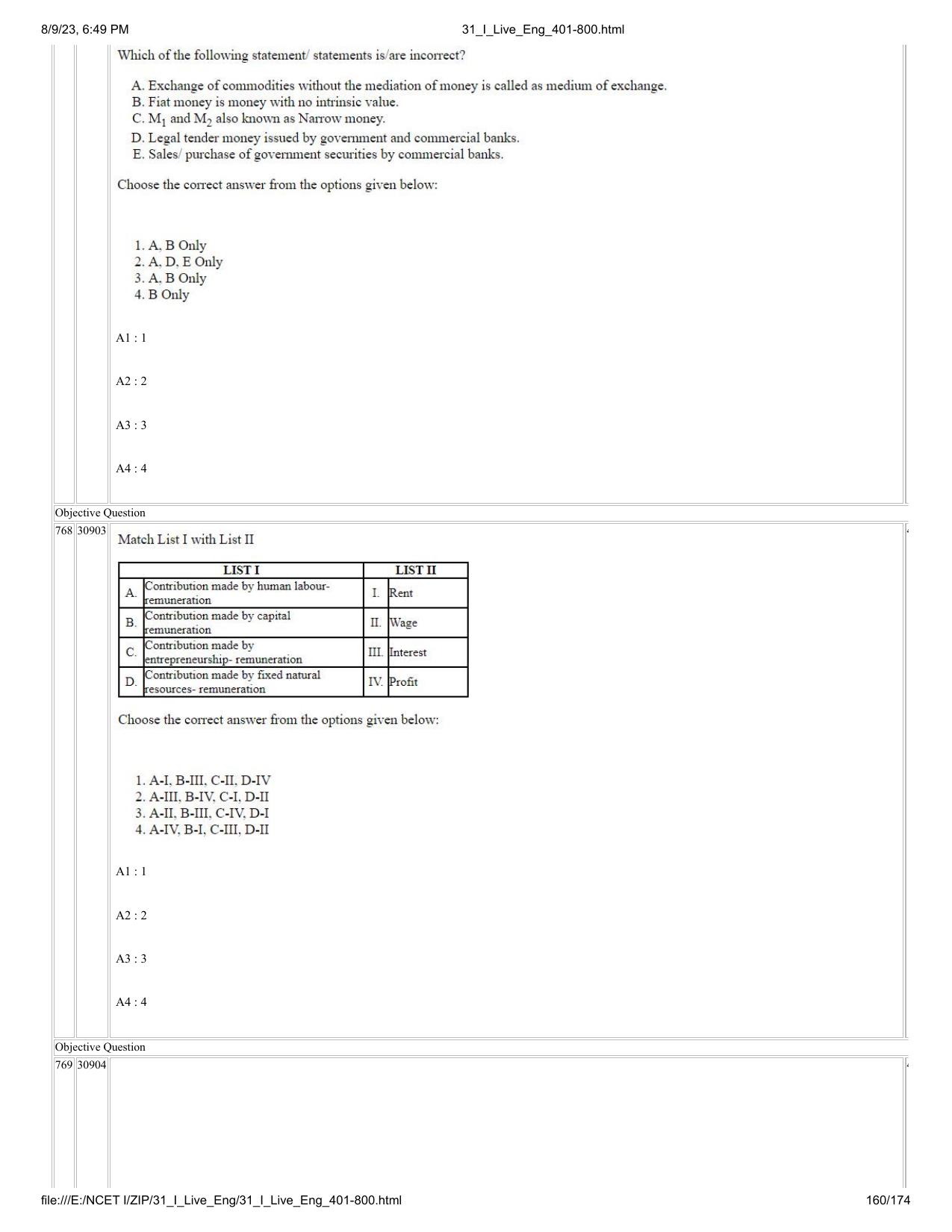 NCET 2023 Question Paper (English Q 401-800) - Page 160