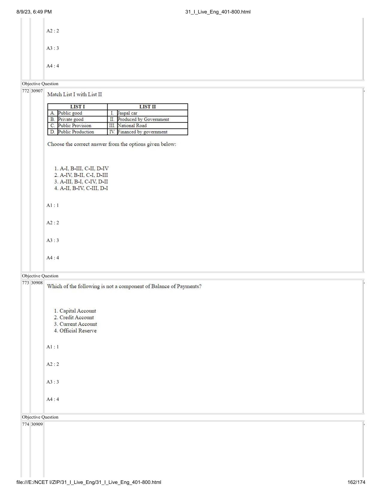 NCET 2023 Question Paper (English Q 401-800) - Page 162