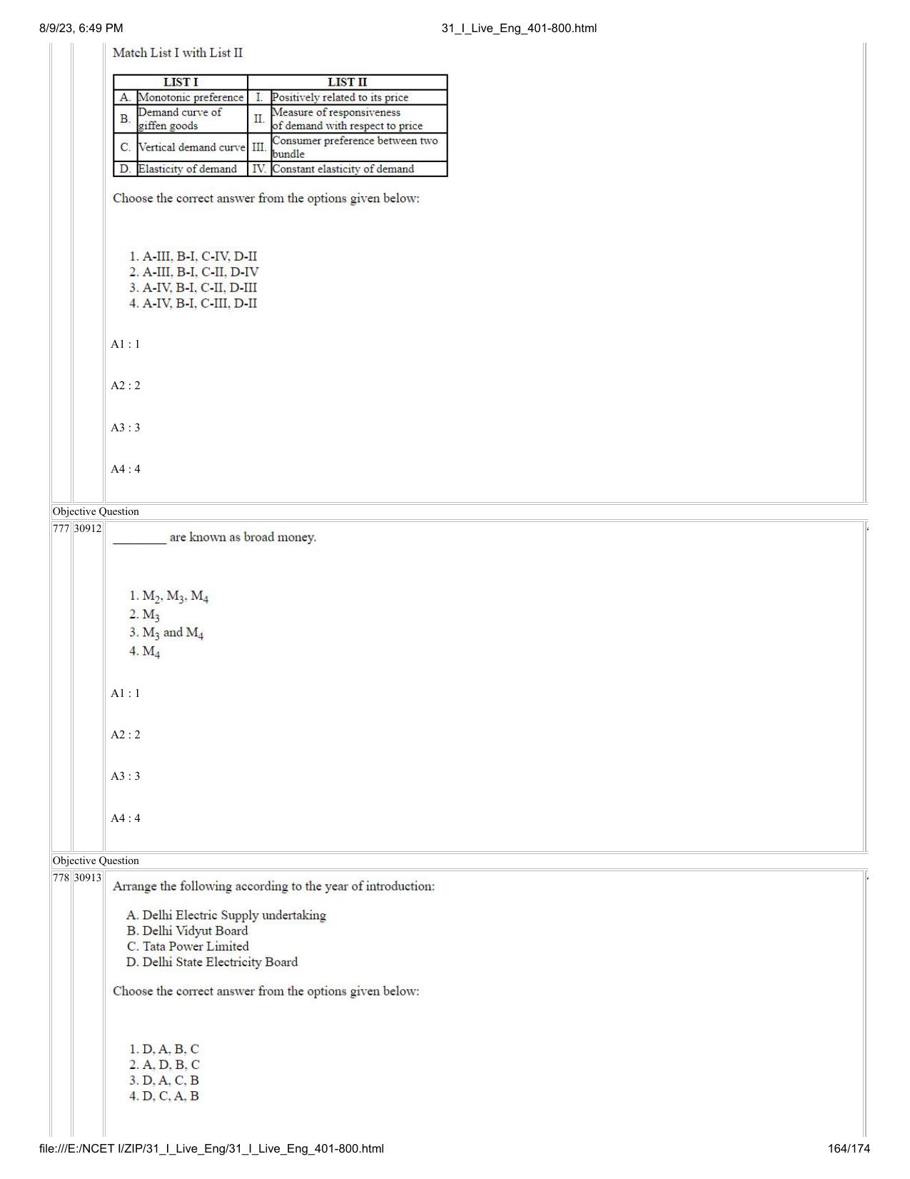 NCET 2023 Question Paper (English Q 401-800) - Page 164