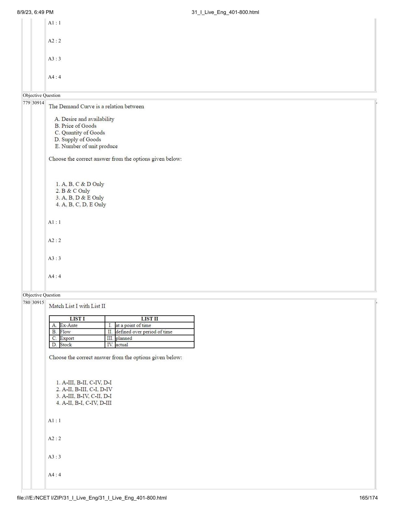 NCET 2023 Question Paper (English Q 401-800) - Page 165